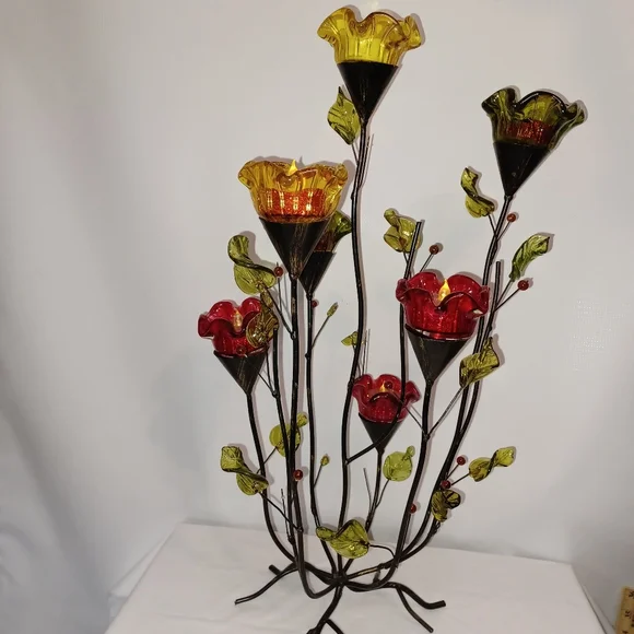 Elegant Vintage Floral Glass & Wrought Iron Tealight Holder Art Sculpture Decor - Picture 2 of 12